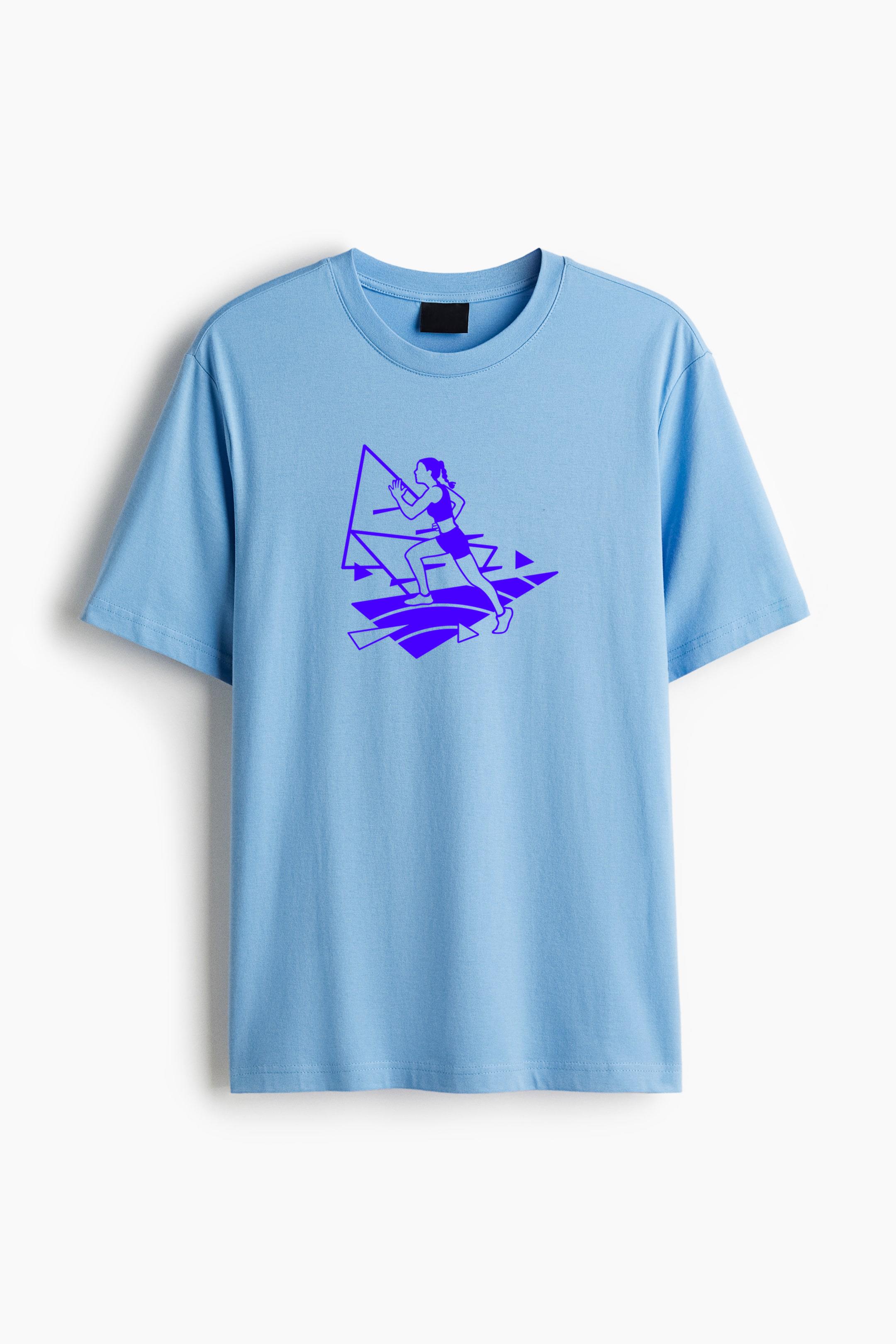 Runner And Geometric Shapes Filled Stroke Cotton T-Shirt 